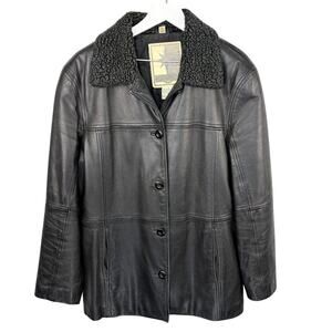 Y2K Black Leather Street Style Jacket Sherpa Lined Collar Size L